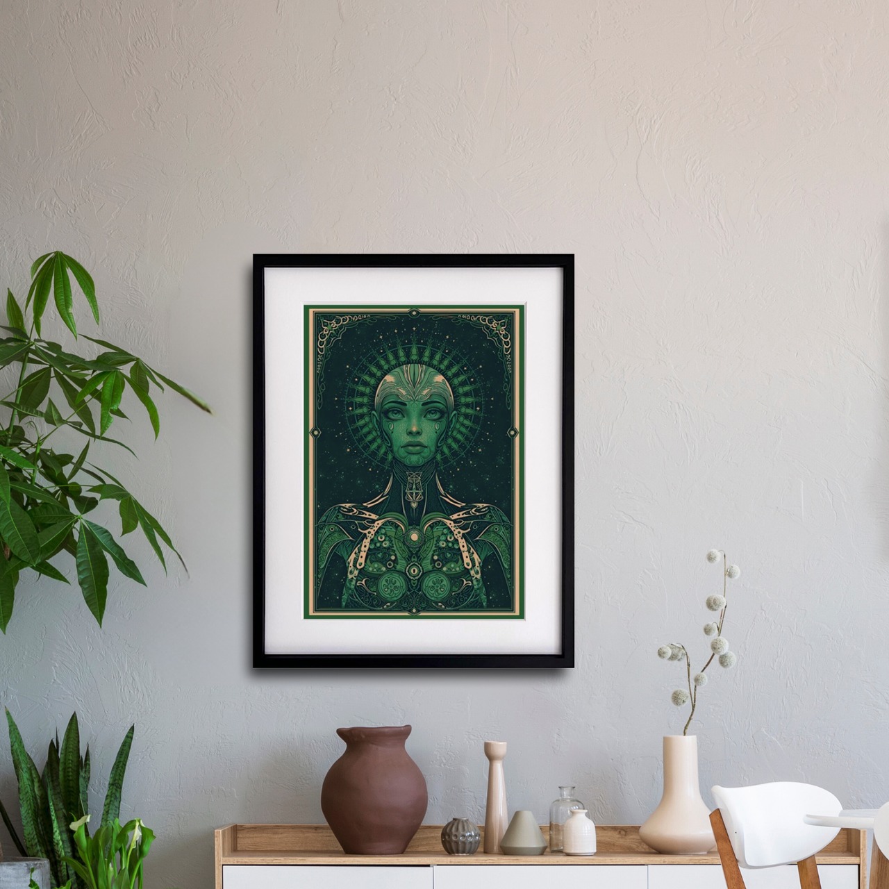 Emerald Oracle｜叡智と再生を象徴する神秘的ポートレートアート｜緑の秩序が空間を整える一枚｜A2ポスター