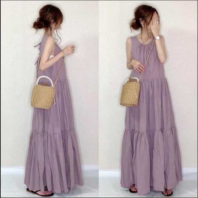 ワンピース レディース 送料無料 2色 フレアワンピース ティアードワンピース  ノースリーブ ロング丈 マキシ丈 フェミニン シンプル リゾート リラックス  こなれ感 おしゃれ  シンプル ナチュラル バックリボン 小顔見せ 着痩せ 体形カバー ラウンドネック インスタ トレンド ラベンダー ブラック  かわいい 女子会 カジュアルドレス かわいい キュート ガーリー  袖無し  ママコーデ モテコーデ  デート ベーシック  ロマンチック  ゆるかわいい ゆったり エンパイアライン ティアードフリル