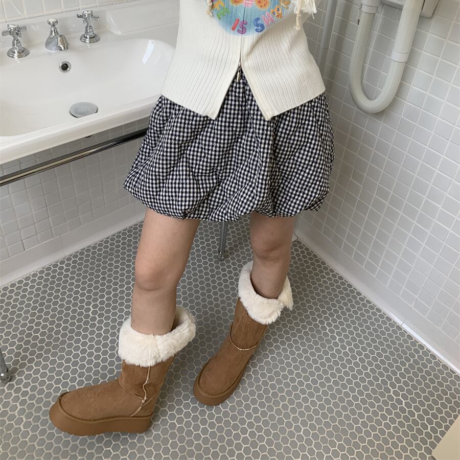 Gingham Check Balloon Silhouette Short Skirt 1color A0082