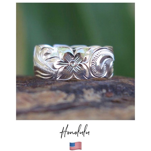 【Made in ホノルル】ハワイアンジュエリー プルメリア 波 リング ⁑ Plumeria motif silver ring Nalu