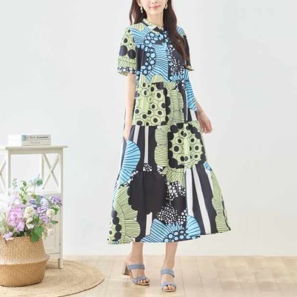 ワンピース ボタニカル サークルプリント 花柄 N82-614 TRUBE ブラック L LL fmsd 上品 ゆったり 体型カバー 婦人服 レディース 服 ミセス 春夏 大人可愛い
