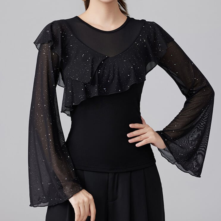 フリル ロングスリーブ シースルー ダンスブラウス ds1412