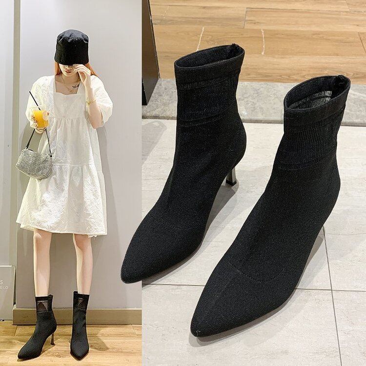 【新作】【送料無料】 スモールヒールアンクルブーツ女性秋冬シンニーブーツキャットヒールハイヒールスティレットストレッチブーツソックスブーツポインテッドハイヒールヌードブーツ-アリババ 靴 シューズ オータム 秋物 ウィンター 冬物 タイツ ストッキング 10b614900659027