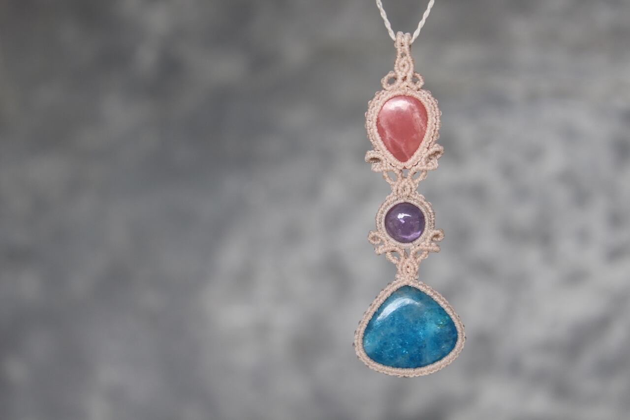 Apatite & Rhodochrosite & Amethyst micro macrame pendant