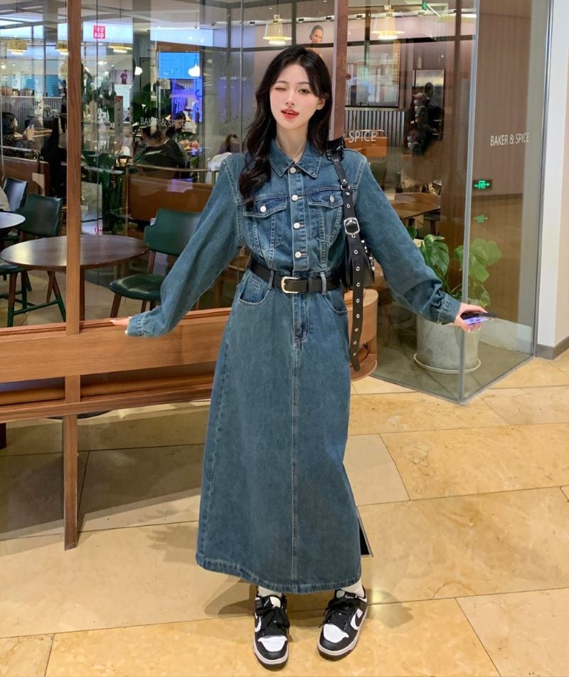 ワンピース デニムワンピース ロング丈 フロントボタン 襟あり ポロ襟