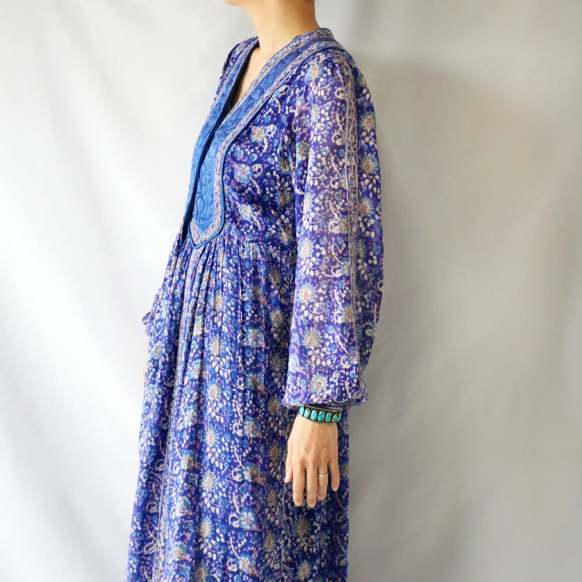 70s Four Seasons indian cotton blue purple onepiece ヴィンテージ
