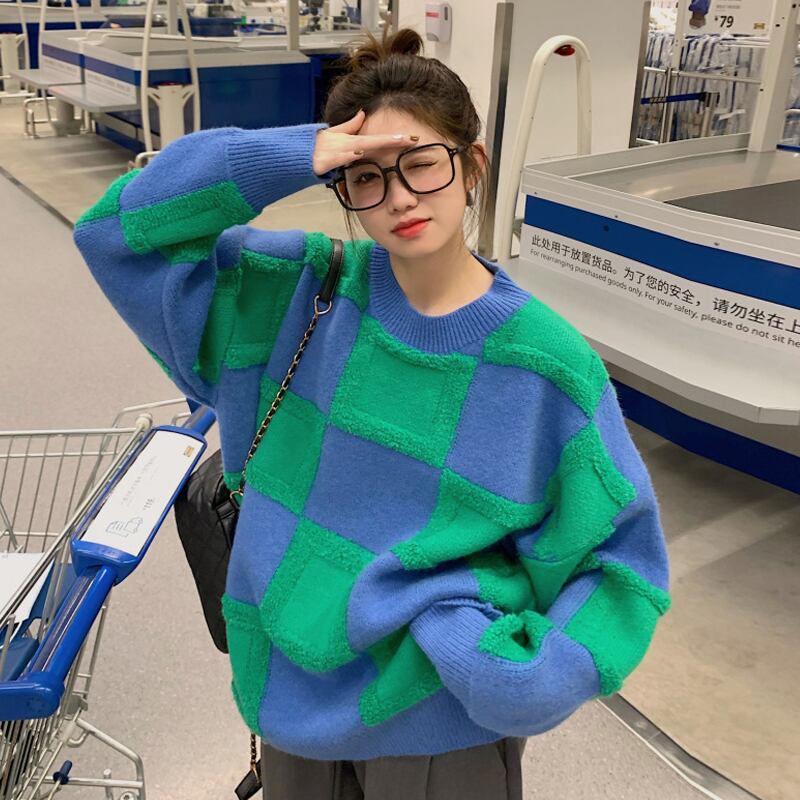 セーター スプリングオータムルーズ格子柄ニットトップス 春物 秋物 スーパーモール92486080699