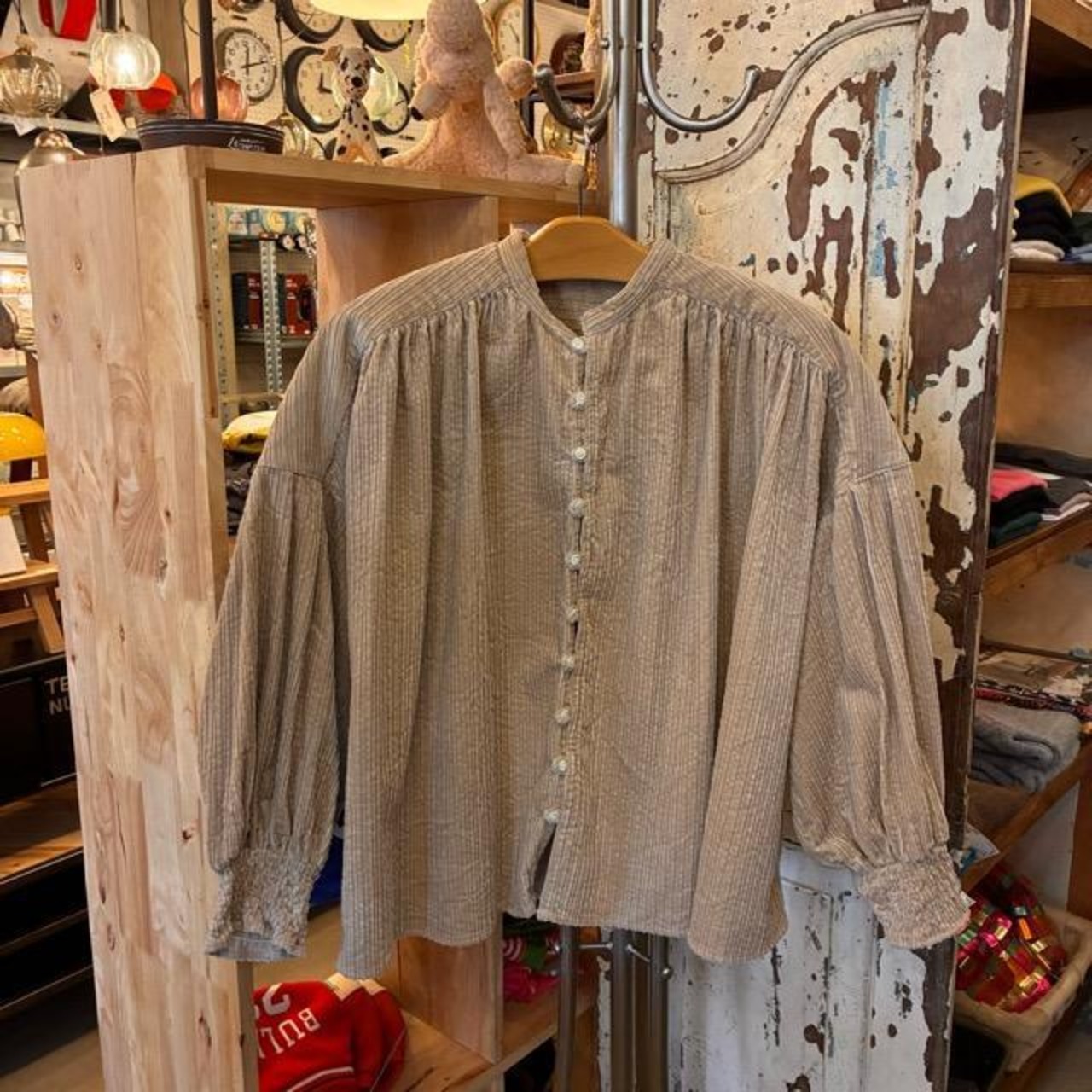 UNIVERSAL TISSU Parent-Child Corduroy Shirred Blouse, Beige/Brown, Long Sleeve Blouse, Balloon Sleeves, Oversized