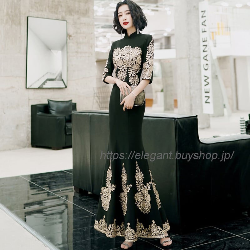 改良型チャイナドレス マーメイドライン 成人式 パーティードレス お呼ばれ イブニング S 4l ブラック 黒い Elegant