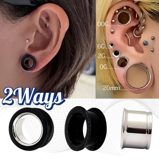 ピアス メンズ 0G 00G 2WAY ブラックシリコン ステンレススリーブ 拡張