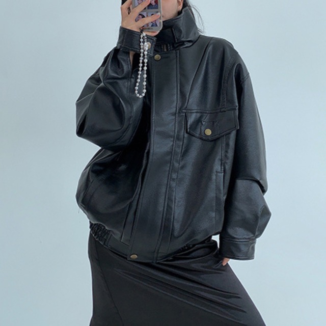 simple faux leather stand collar jacket　シンプルフェイクレザースタンドカラージャケット　J1266