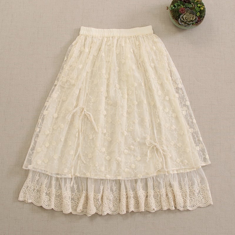 リボン花柄刺繍レースシアースカート W0728