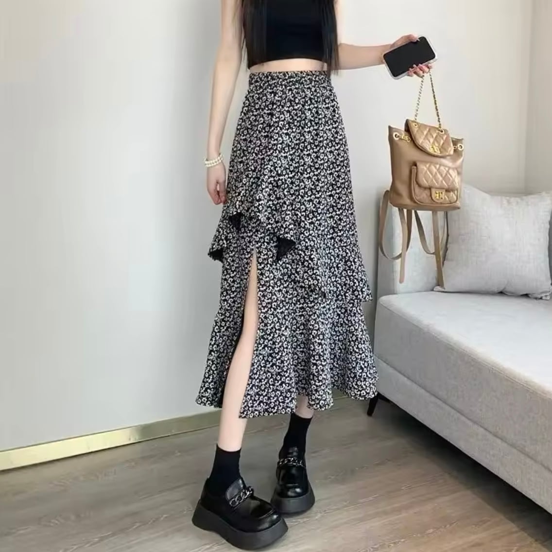 フリルフラワースリットスカート