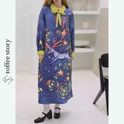 星空の下駆ける鹿:揺れるリボンのネイビーロングワンピース XU0106