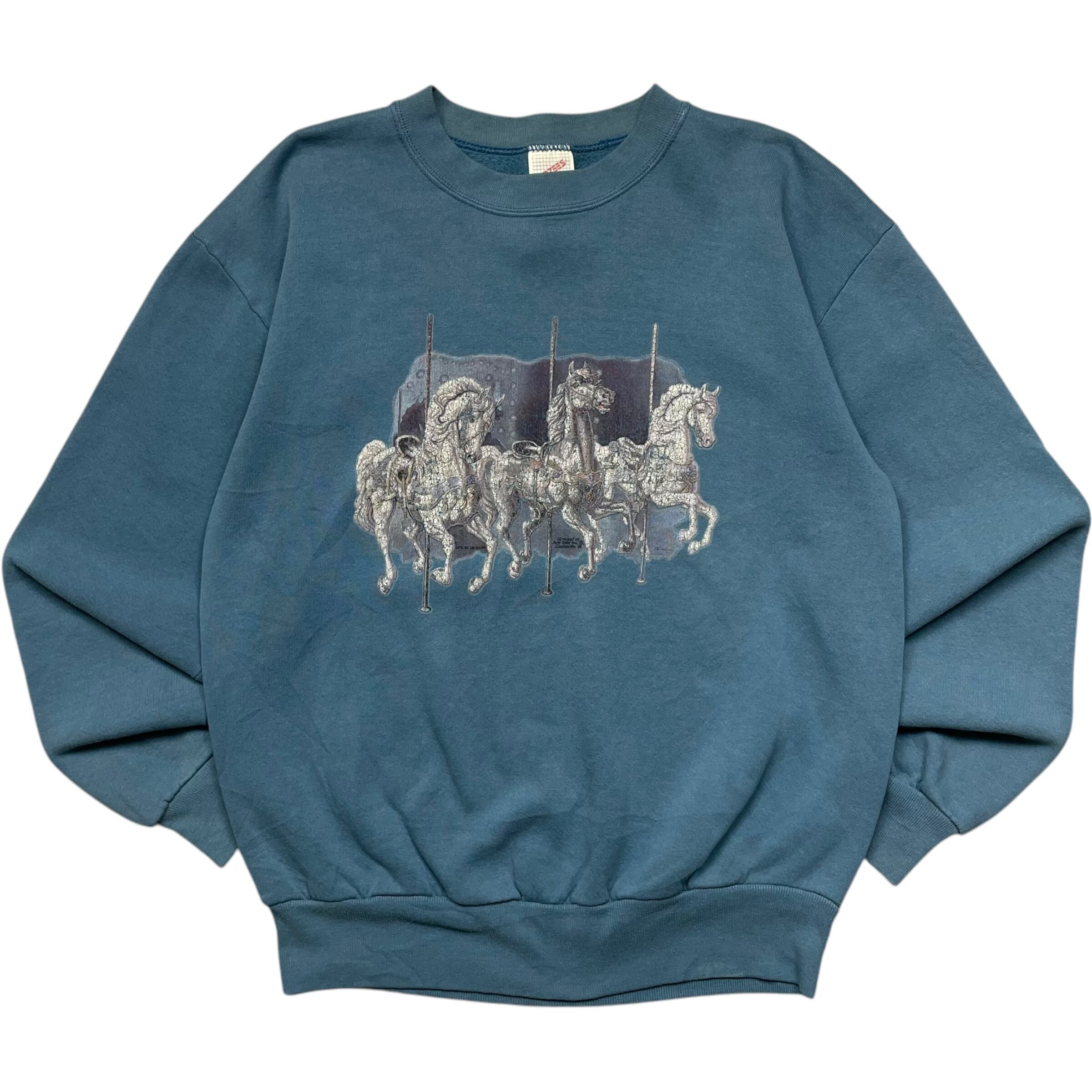 《M》 JERZEES ジャージーズ スウェット アニマルプリント メリーゴーランド ライトブルー USA製 80年代 vintage no.6544