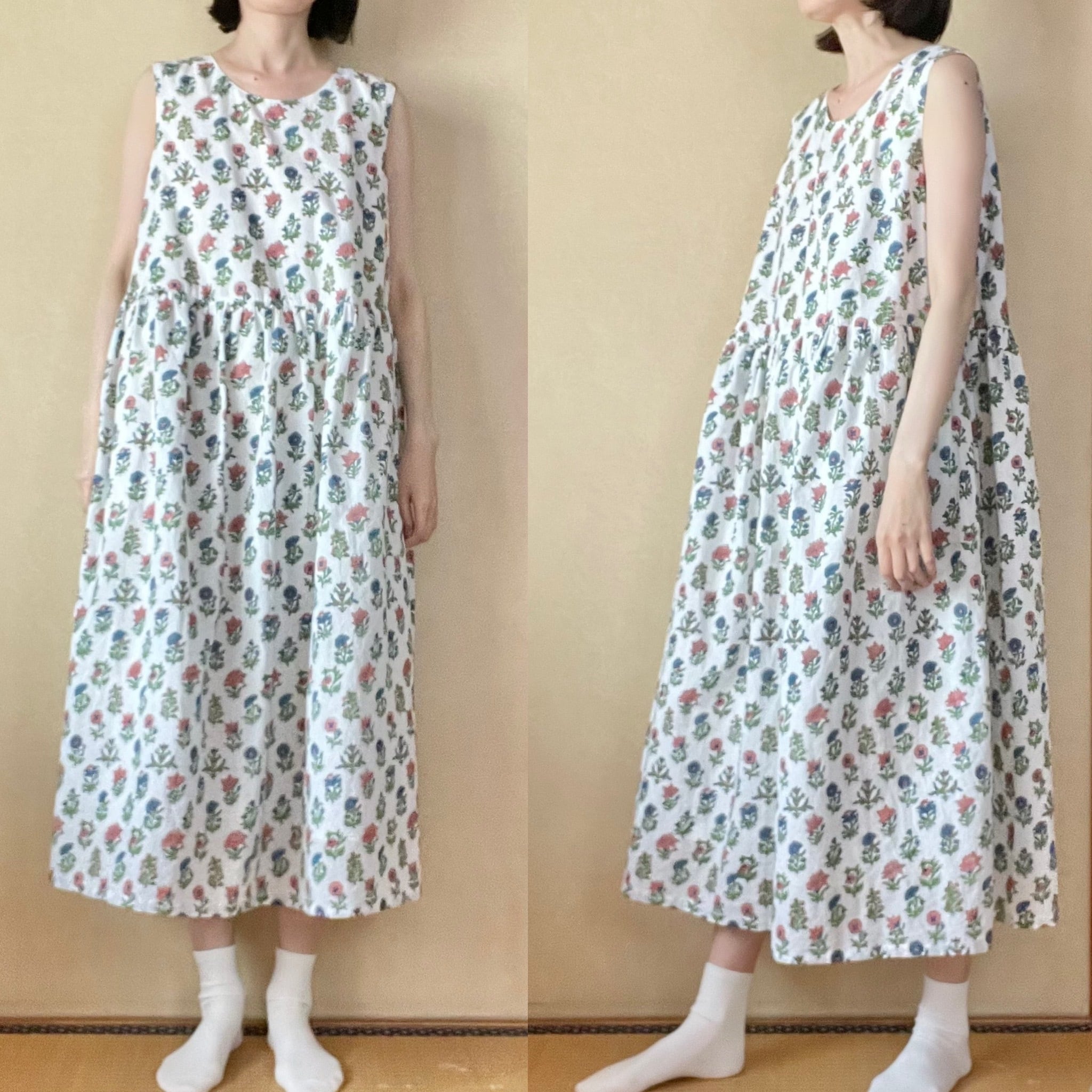 ウエスト切り替えノースリーブワンピース インド製ブロックプリント