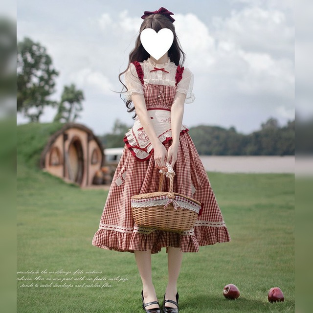 森ガールレッドチェックロングスカートセット：トップス