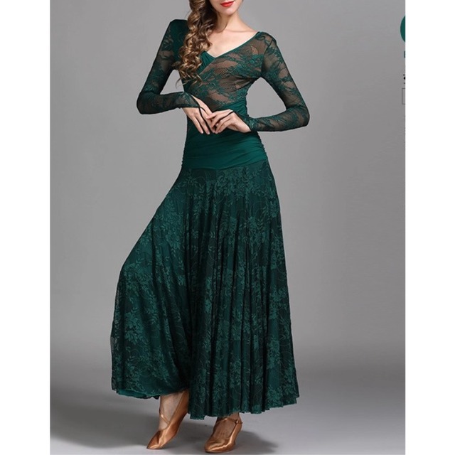 Vネック レーススリーブ スカラップヘム ダンスドレス 3col D00501