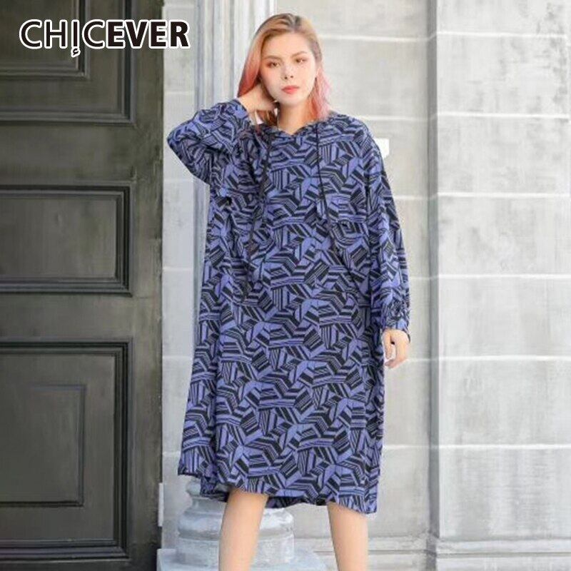 CHICEVER幾何学模様のプリントドレス女性フード付き長袖巾着ルーズミディドレス2020春服 ロング スプリング 春物 6base596425338562