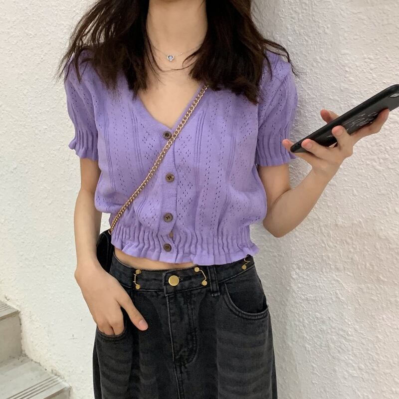 サマースタイルスリムカーディガンショート薄手ブラウス セーター レディース 夏物 パープル 試着室60797298348