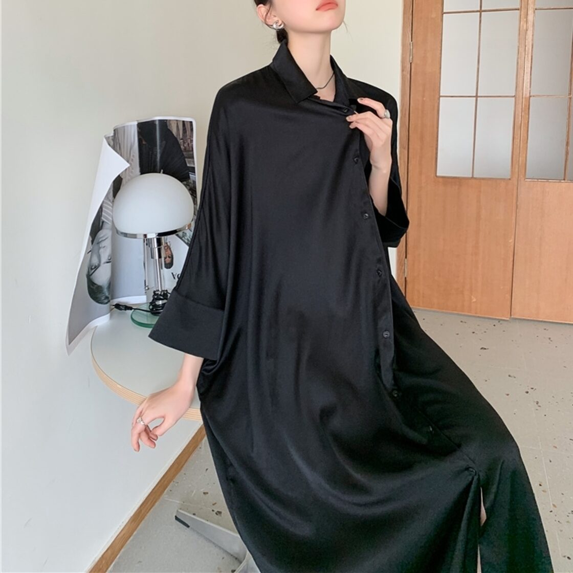 大きいサイズ レディース ゆったり ルーズ 七分袖 黒ワンピース シャツ 
