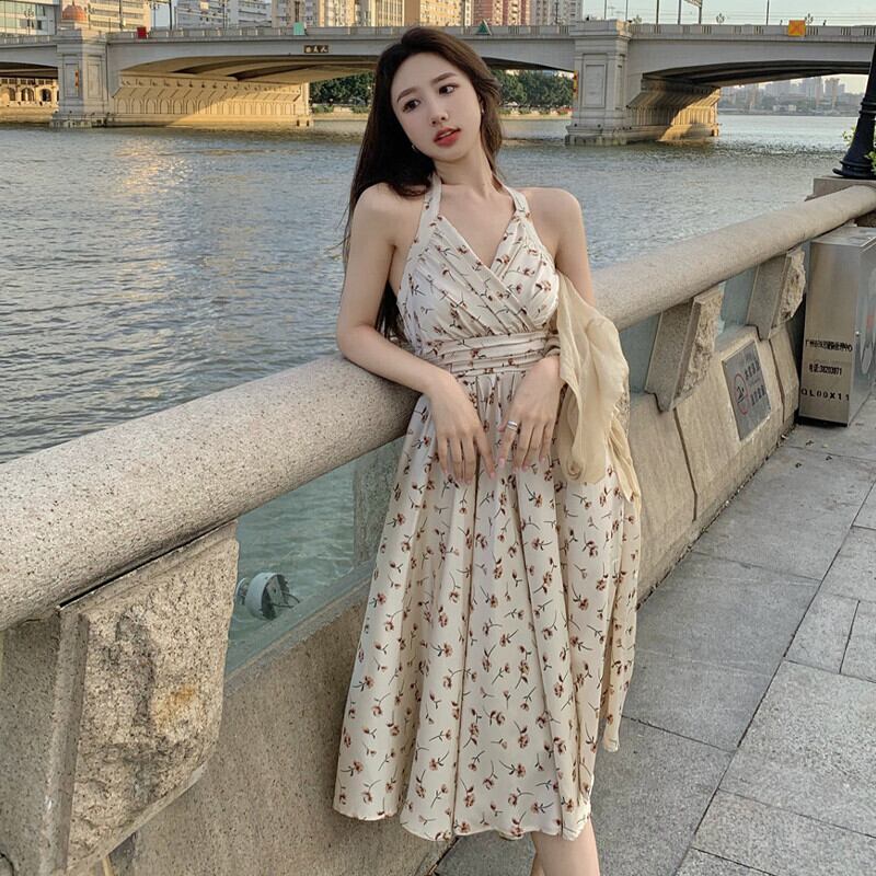 フローラルドレス サマーバックホルタースカート ハイウェストウェスト薄手ロング 夏物 花柄 ピュア ガールズファッション65389525477