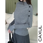 Henley Neck Rib Knit & Button Cape 2PCS SET / 3color