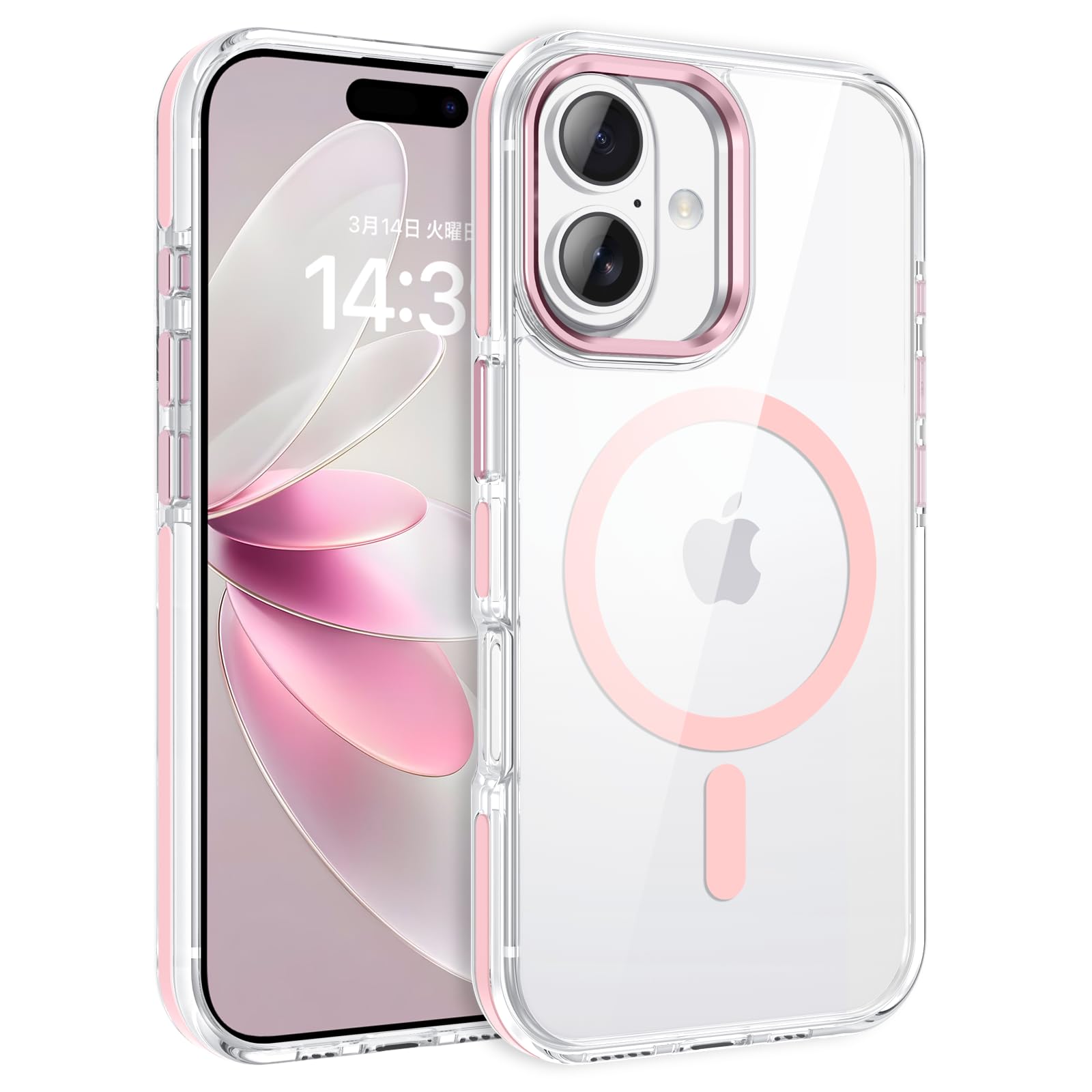 DOMAVER iphone 17 ケース MagSafe対応 ワイヤレス充電 氷晶クリア 金属カメラレンズ保護 6.3インチ ピンク