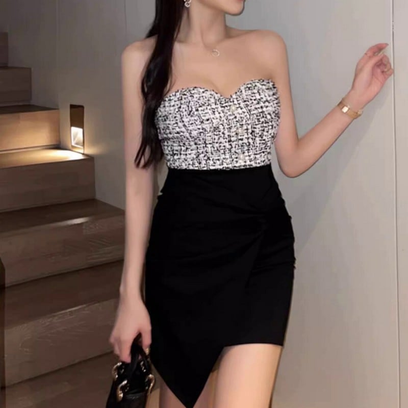 ツイードバイカラーチューブトップミニドレス 3col L00092