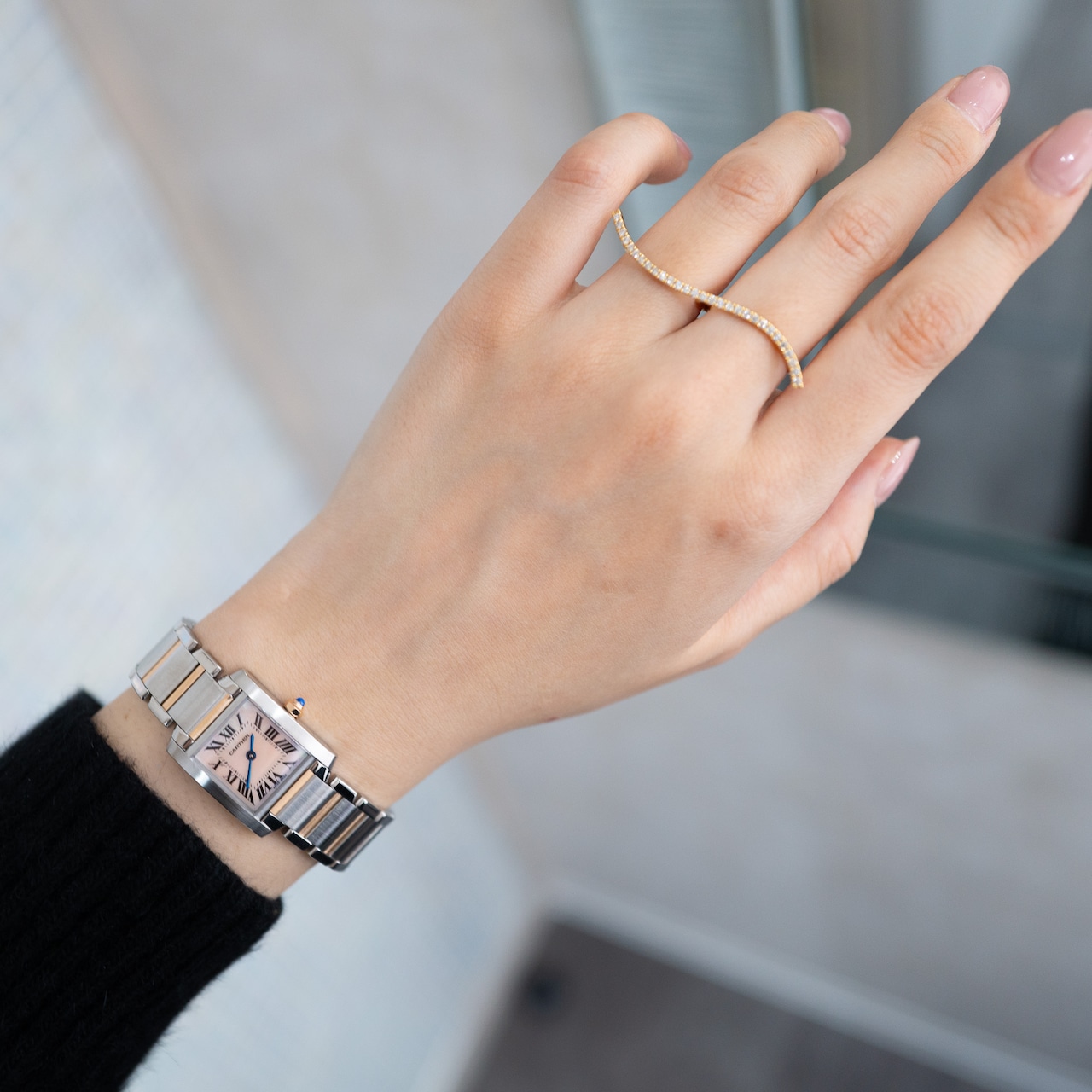 カルティエ タンクフランセーズ SM コンビ ピンクシェル文字盤