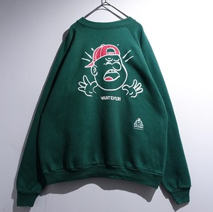 00s "Hanes" Green WHATEVER! Cap Boy Print Design Sweat