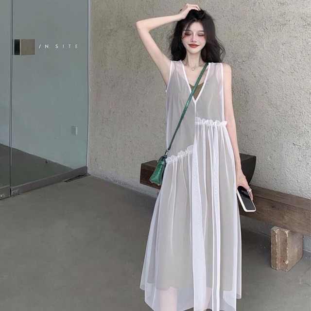 メッシュシースルーノースリープワンピース キャミワンピースセットアップ F 2 Filosa