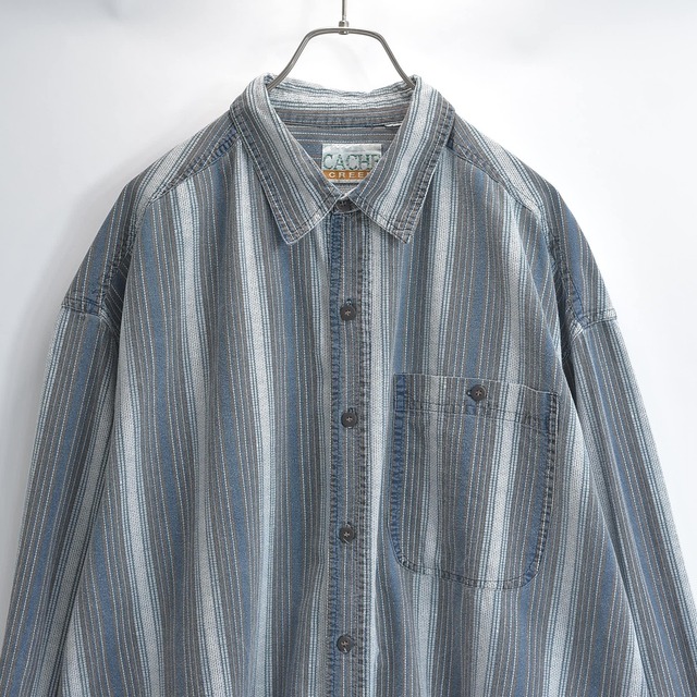 80s 90s CACHE CREEK キャッシュクリーク 長袖 シャツ プリント ストライプ レギュラーカラー オーバーサイズ ダークネイビー USED ヴィンテージ ビンテージ 古着  メンズXL〜サイズ相当
