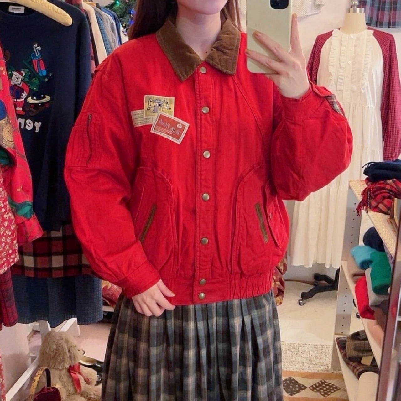 corduroy collar check liner red blouson