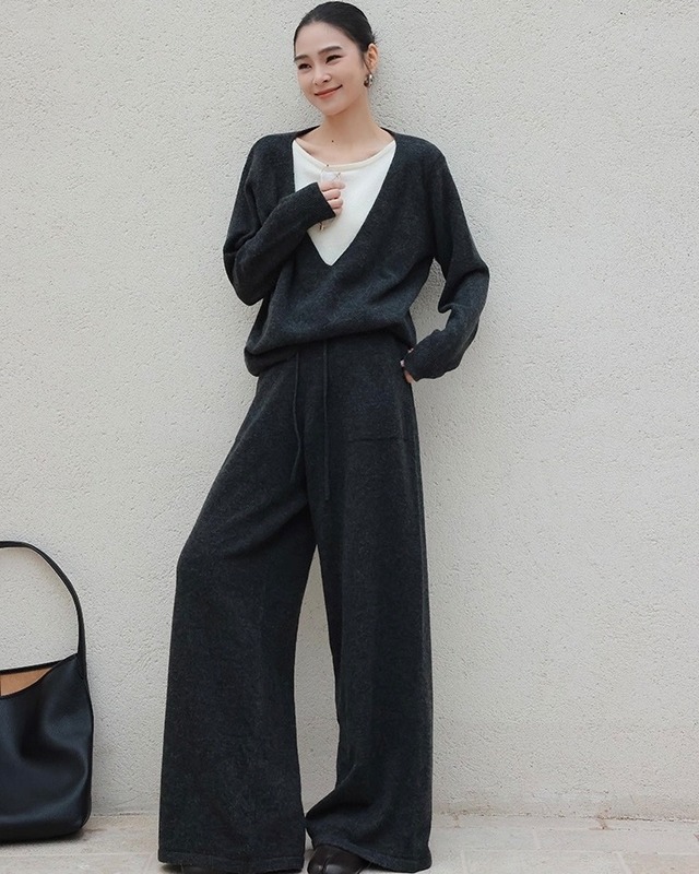 【セットアップ】フェイクレイヤードニット+パンツ