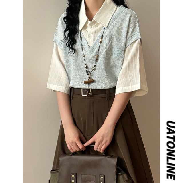 【UATONLINEシリーズ】★POLOシャツ★ 2color トップス ユニセックス レトロ 半袖 フェイクレイヤード