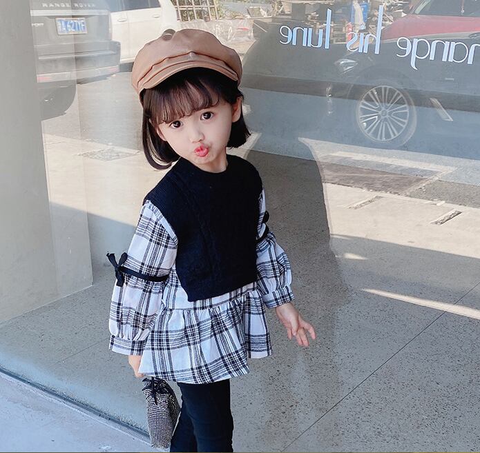 ふんわりかわいい ニット シャツ ドッキング チュニック トップス チュニック 子供服 女の子 キッズファッション 子ども シャツ ブラウス ドッキング かわいい ニット ベスト風 95cm 100cm 110cm 1cm 130cm 送料無料 韓国レディース キッズファッション