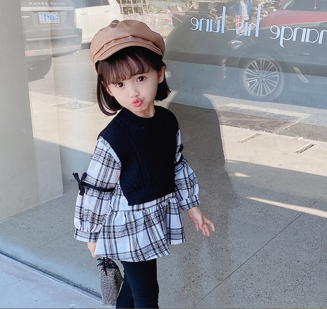 【ふんわりかわいい☆ニット×シャツ ドッキング チュニック】トップス チュニック 子供服 女の子 キッズファッション 子ども シャツ ブラウス ドッキング かわいい ニット ベスト風 95cm 100cm 110cm 120cm 130cm 送料無料