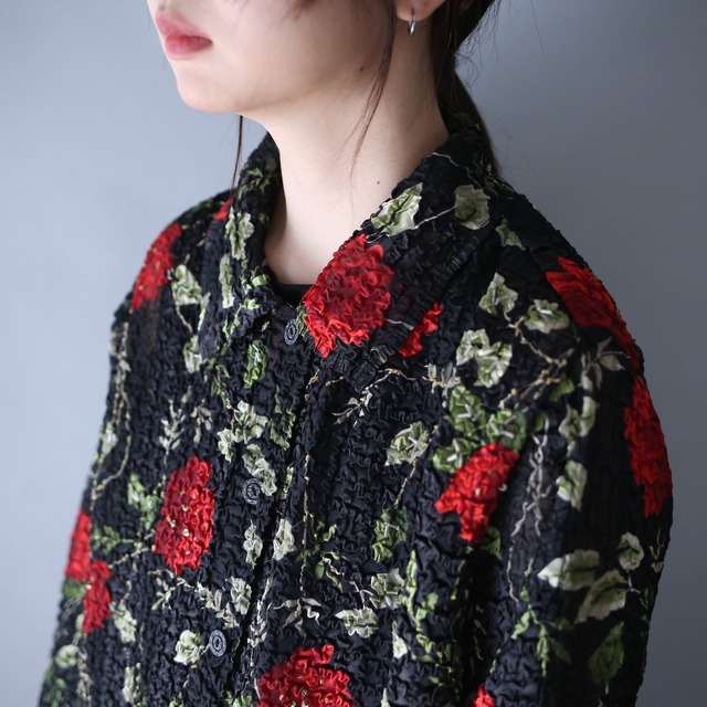 "皺" beads decoration design flower art pattern see-through shirt