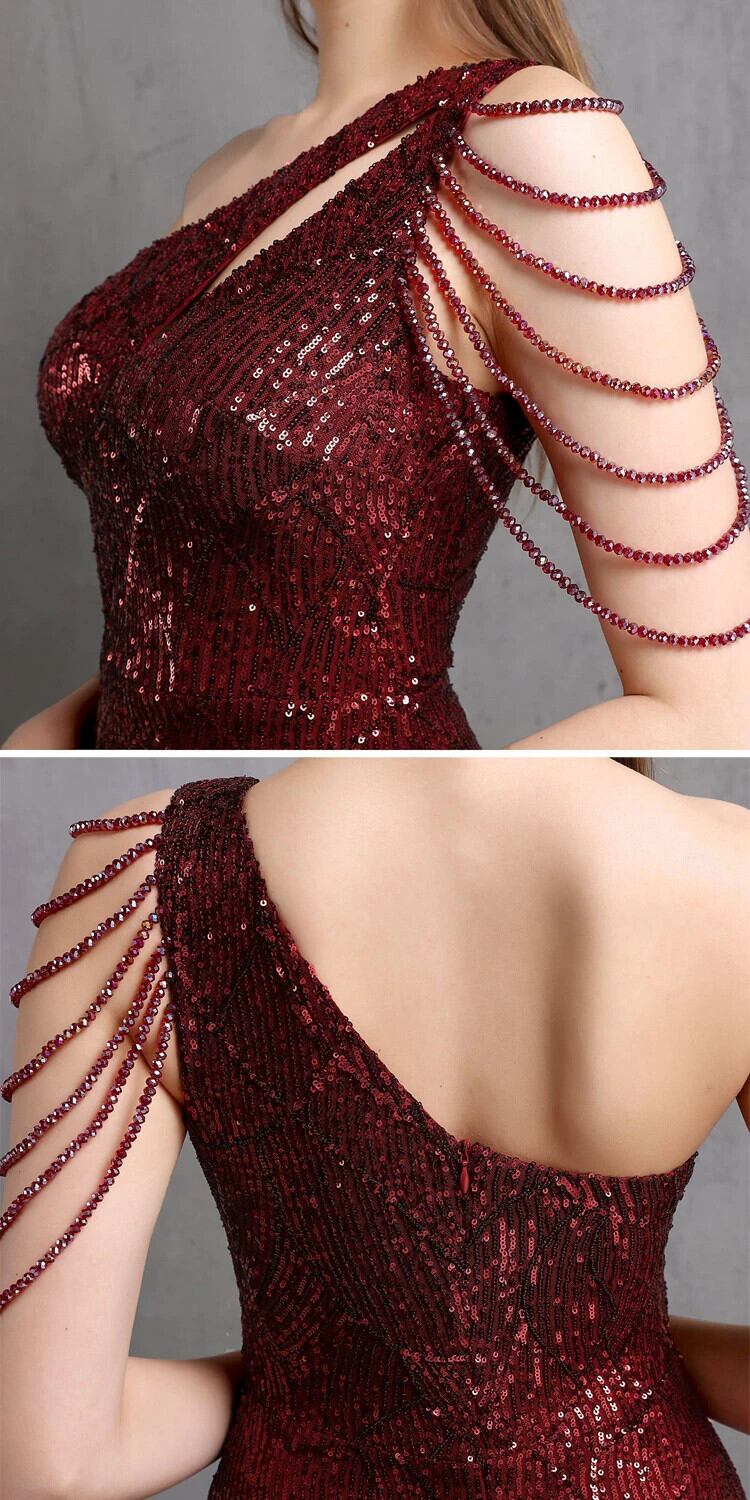 YIDINGZS ワンショルダー バーガンディ スパンコール ドレス