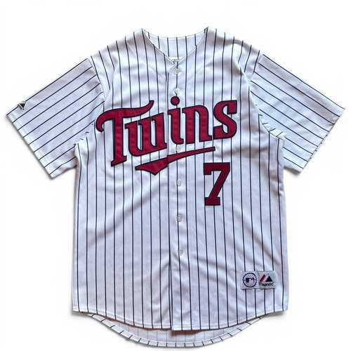【00s】Majestic マジェスティック ベースボールシャツ ユニフォーム 白/WHITE ストライプ MLB ツインズ ロゴ チーム vintage