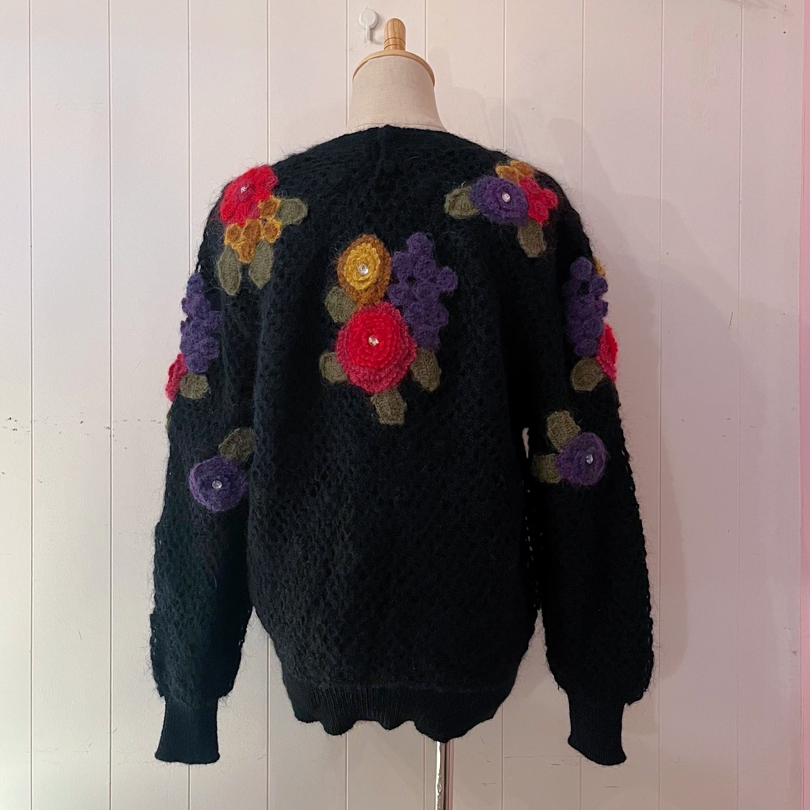 colorful flower stone mesh knit sweater