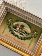 アンティークポストカード Bonne Anee 柊のガーランド 農村の雪景色  Noel 1931年 クリスマス フランス 額装 インテリア コレクション