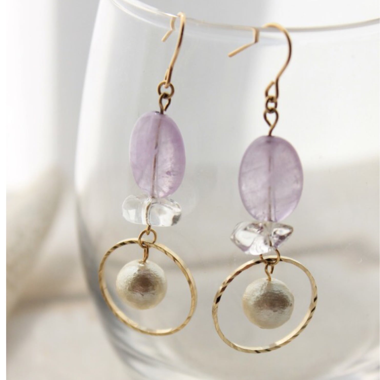 アメジスト&コットンパールピアスK14gf (保存袋付き)