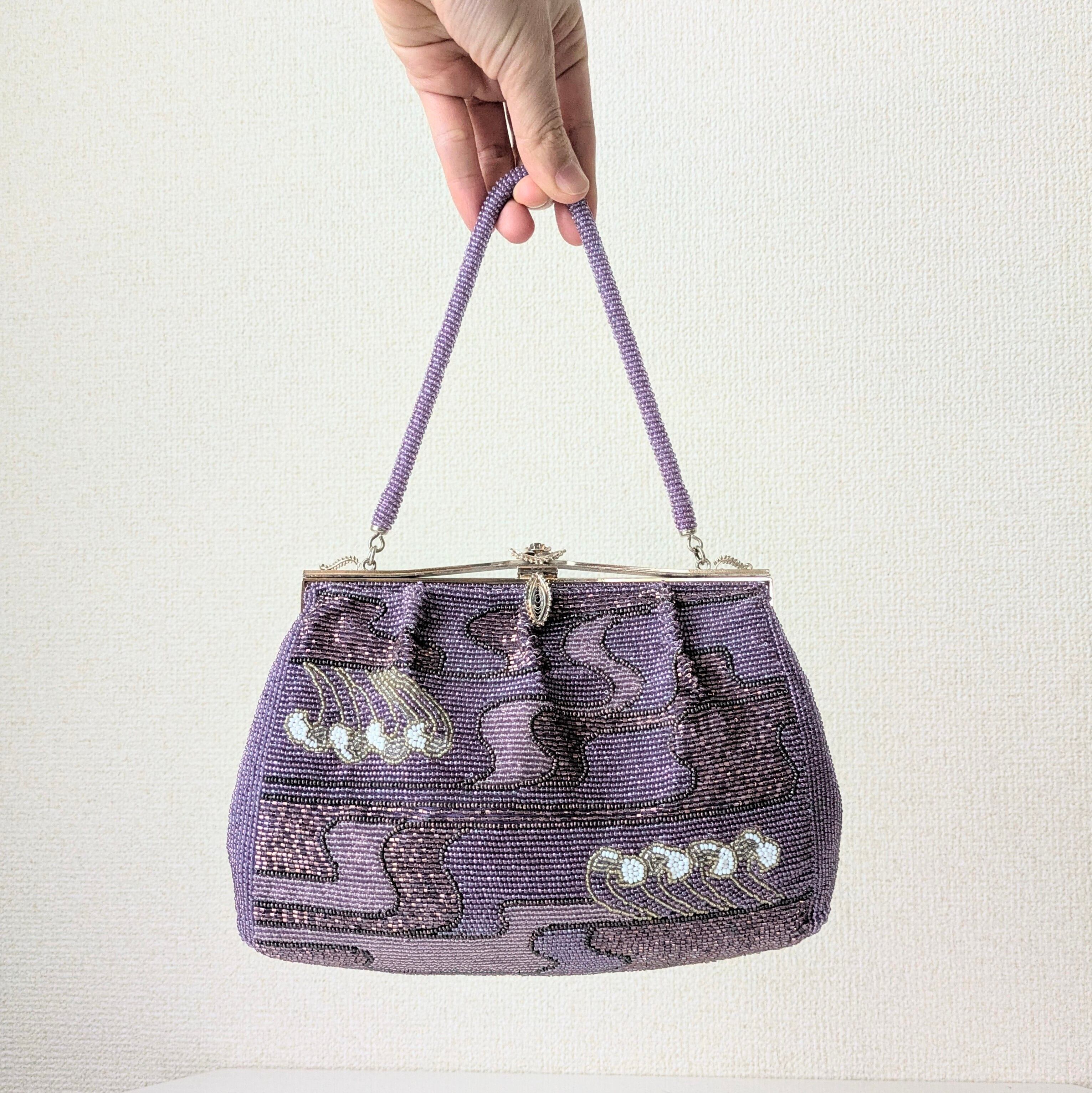 Vintage】ビーズ刺繍バッグ 藤色 流水文 パーティーバッグ クラッチ