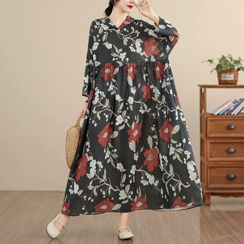 FLOWER PRINT HOODED LONG WIDE PULLOVER DRESS 1color M-16391