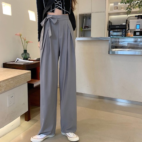 グレーワイドレッグパンツ スプリングオータムハイウェストウェストルーズカジュアル 春物 秋物 ワイドパンツ タオタオイ79544605188