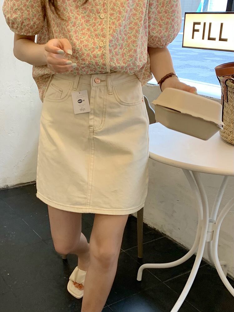 ショートスカート サマーカジュアルハイウェストウェストAライン薄手ホワイト 夏物 ビッグFスモールZ韓国24306551634