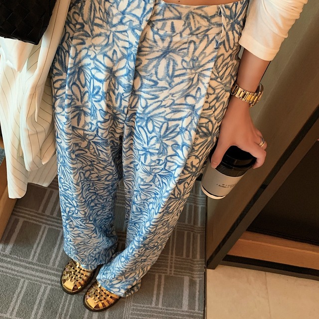 blue flowers wide pants<d100266>