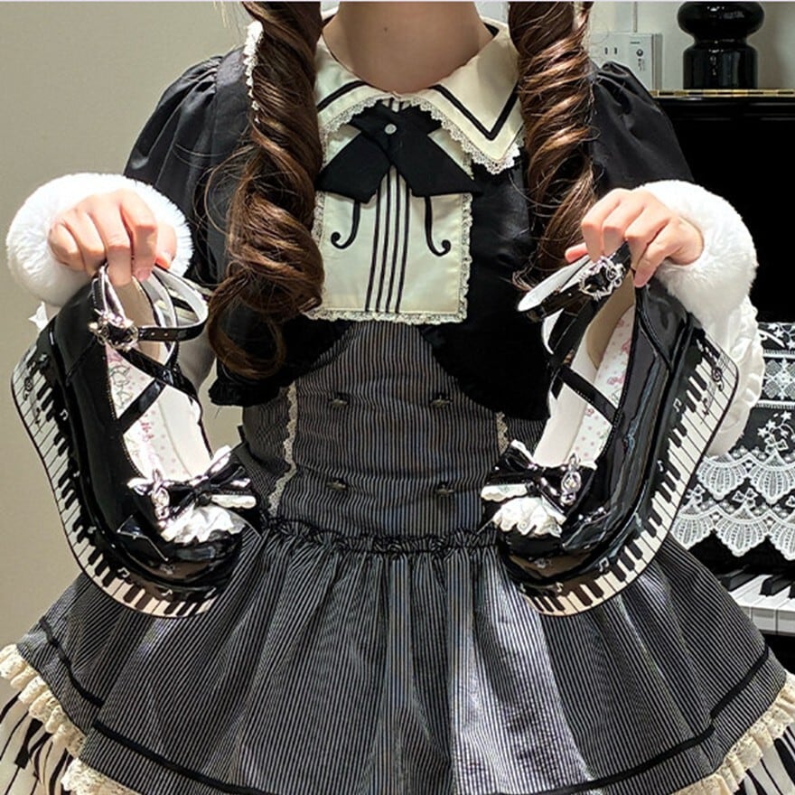 メルヘン系 厚底 プラットフォーム シューズ ピアノ 鍵盤 柄 リボン